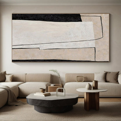 Hand Painting Beige, Black, and White Geometric Abstract Art PT698