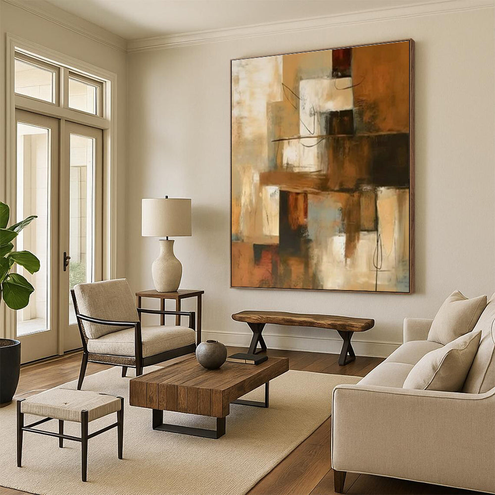 48x60 Brown and Beige Abstract Urban Scene, Large Painting In Living Room PT517