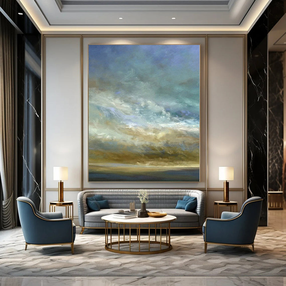 Hand-Painted Blue and Beige Sky and Horizon Abstract Landscape Painting DPS416