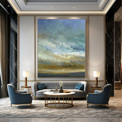 Hand-Painted Blue and Beige Sky and Horizon Abstract Landscape Painting DPS416
