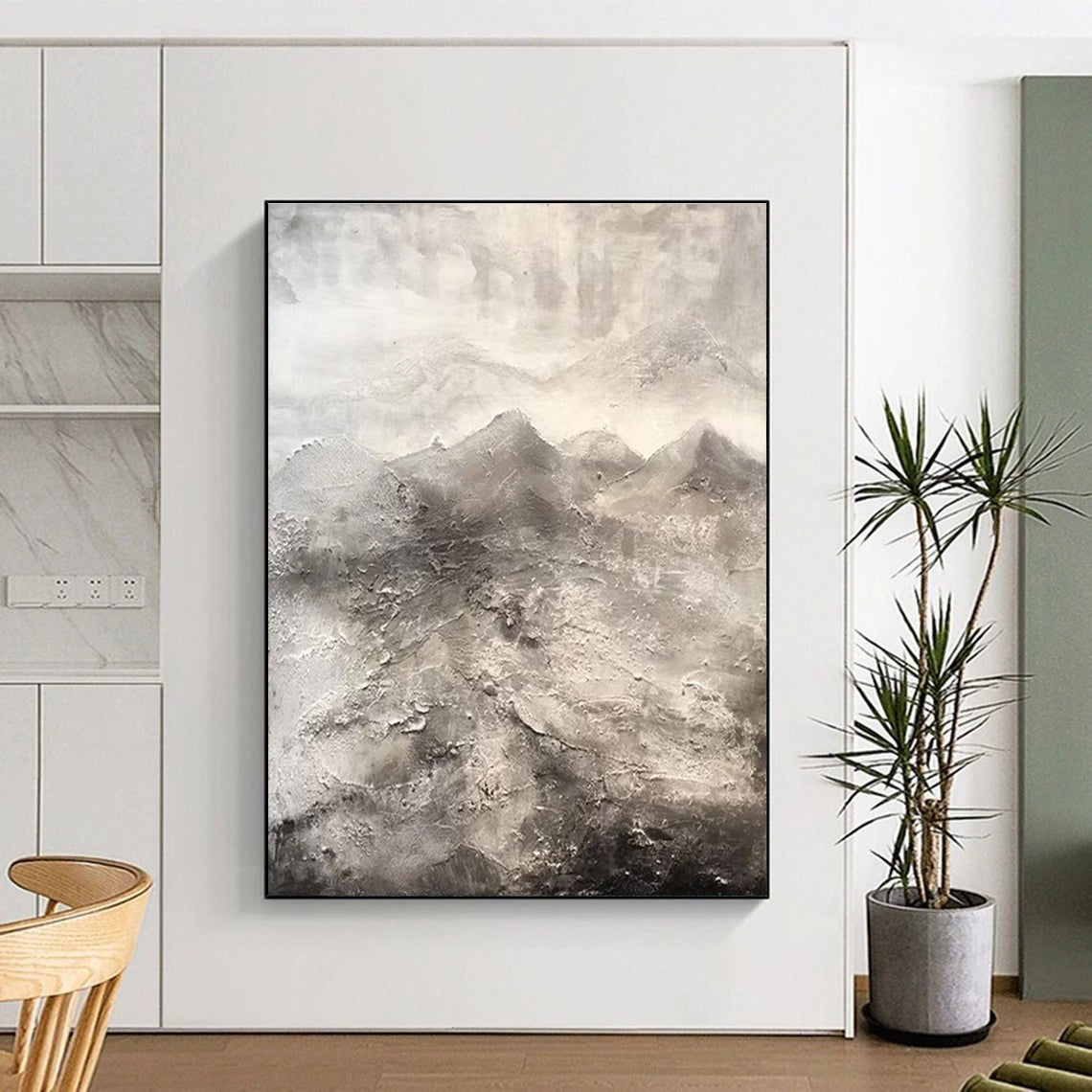 Hand-Painted Grey and White Abstract Textural Mountain Landscape Art PT251
