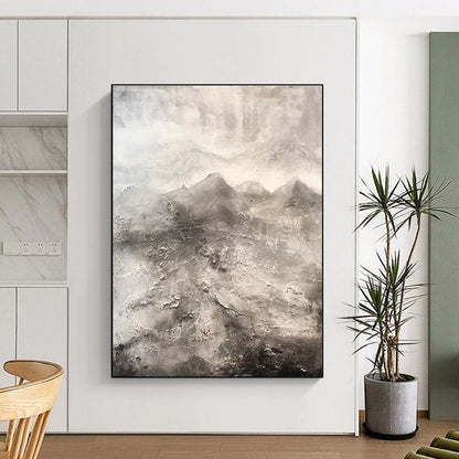 Hand-Painted Grey and White Abstract Textural Mountain Landscape Art PT251