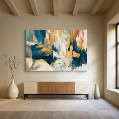 Paintings For House Teal, Gold, and Beige Textured Abstract Art HPS380