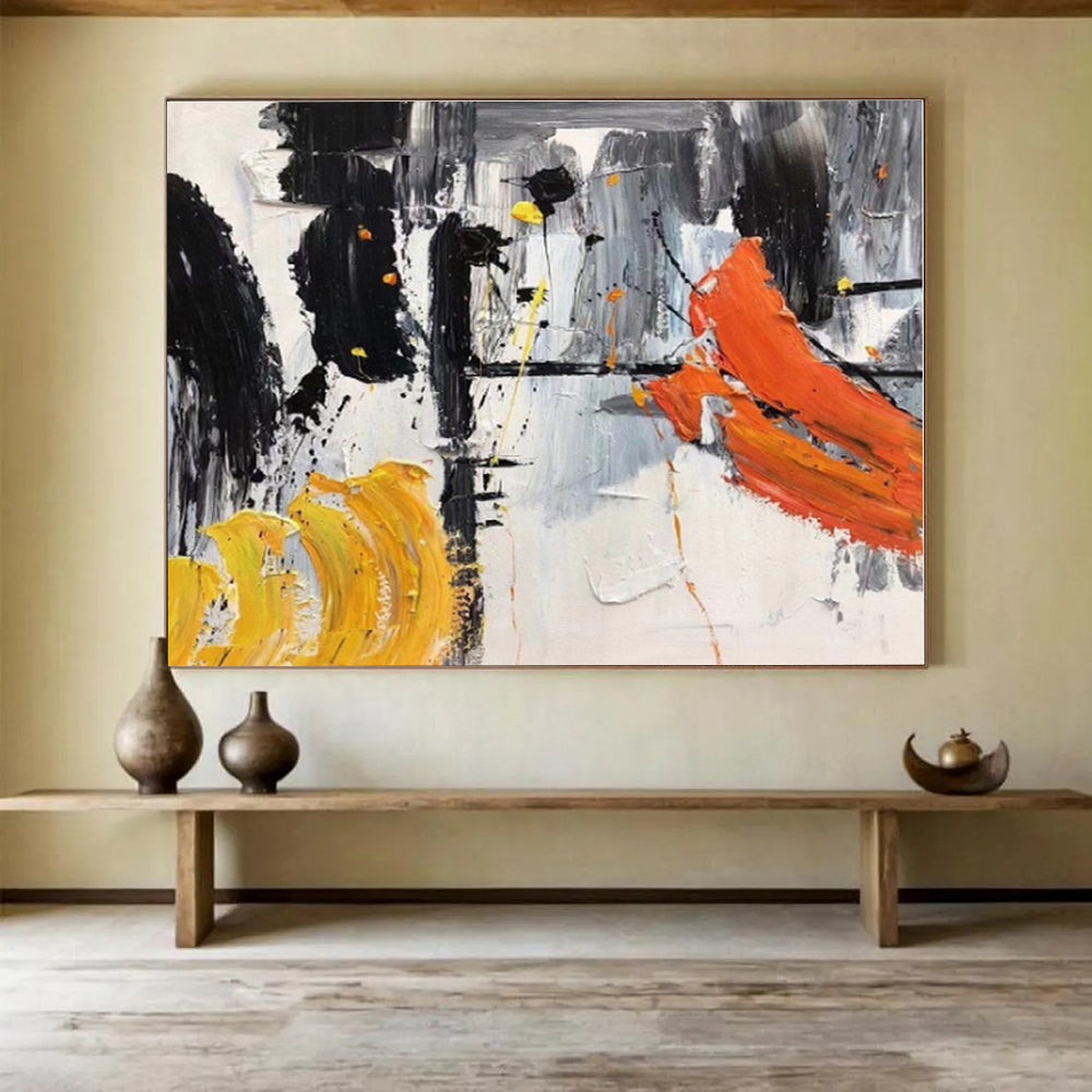 Hand-Painted Black, White, Orange & Yellow Dynamic Abstract On Canvas HPS061