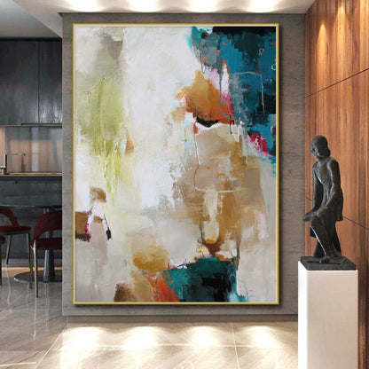 Hand Painting with Multicolor (Teal, Beige, Pink) Abstract Composition PT012