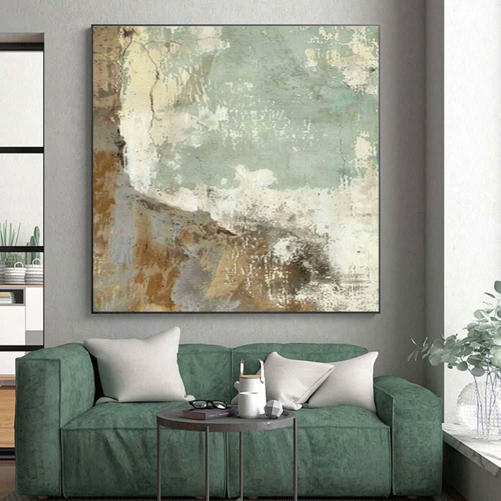 Modern Art Acrylic Beige, Green, and Gray Textured Abstract Art PT738