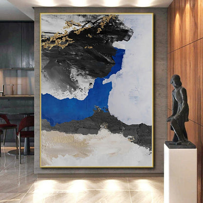 Hand Painting Black, White, Blue & Gold Textured Abstract Painting On Canvas PT052