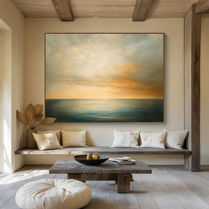 Paintings For House Beige, Orange, and Blue Serene Seaside Sunset HPS320