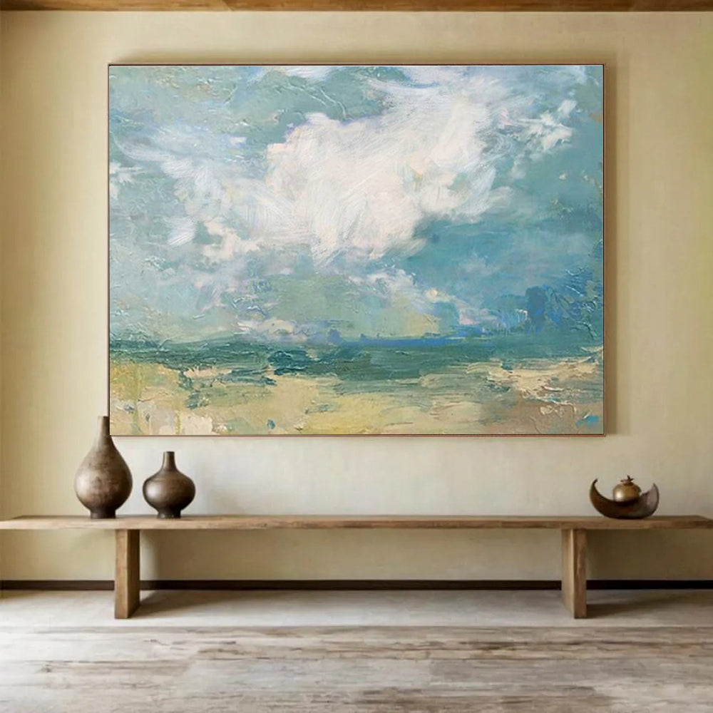 Large Size Blue, Green, and Beige Abstract Landscape Art HPS384