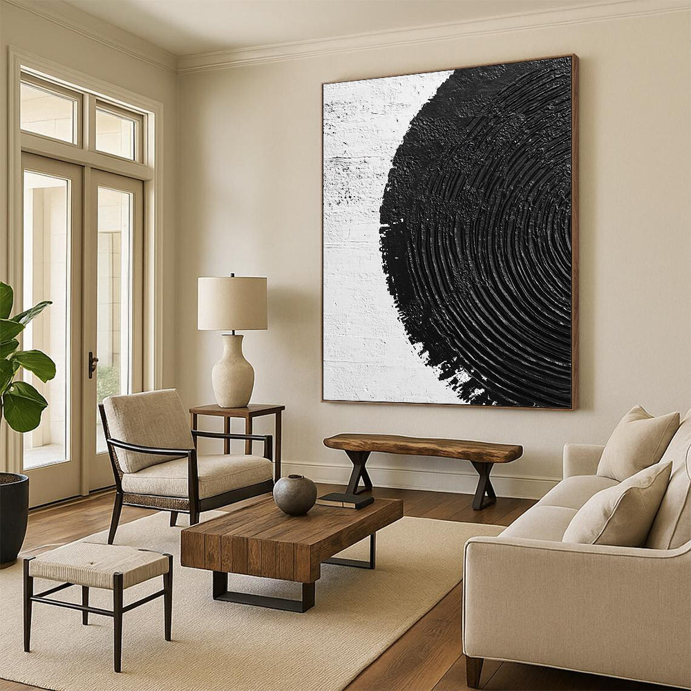 Wall Decor Abstract Paintings Large With Black, White Textured Circular Pattern On Canvas PT196