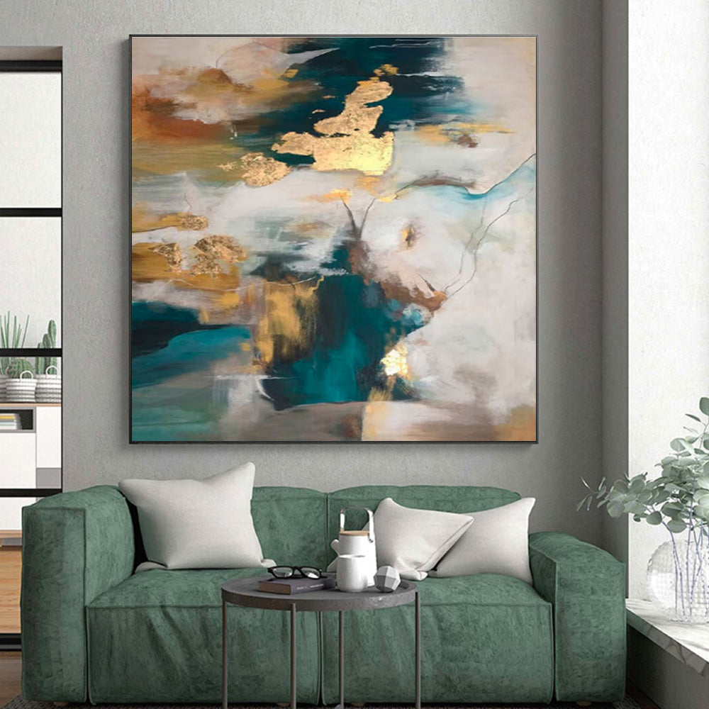 Large Contemporary Wall Art Teal, Gold, and White Abstract Art PT649