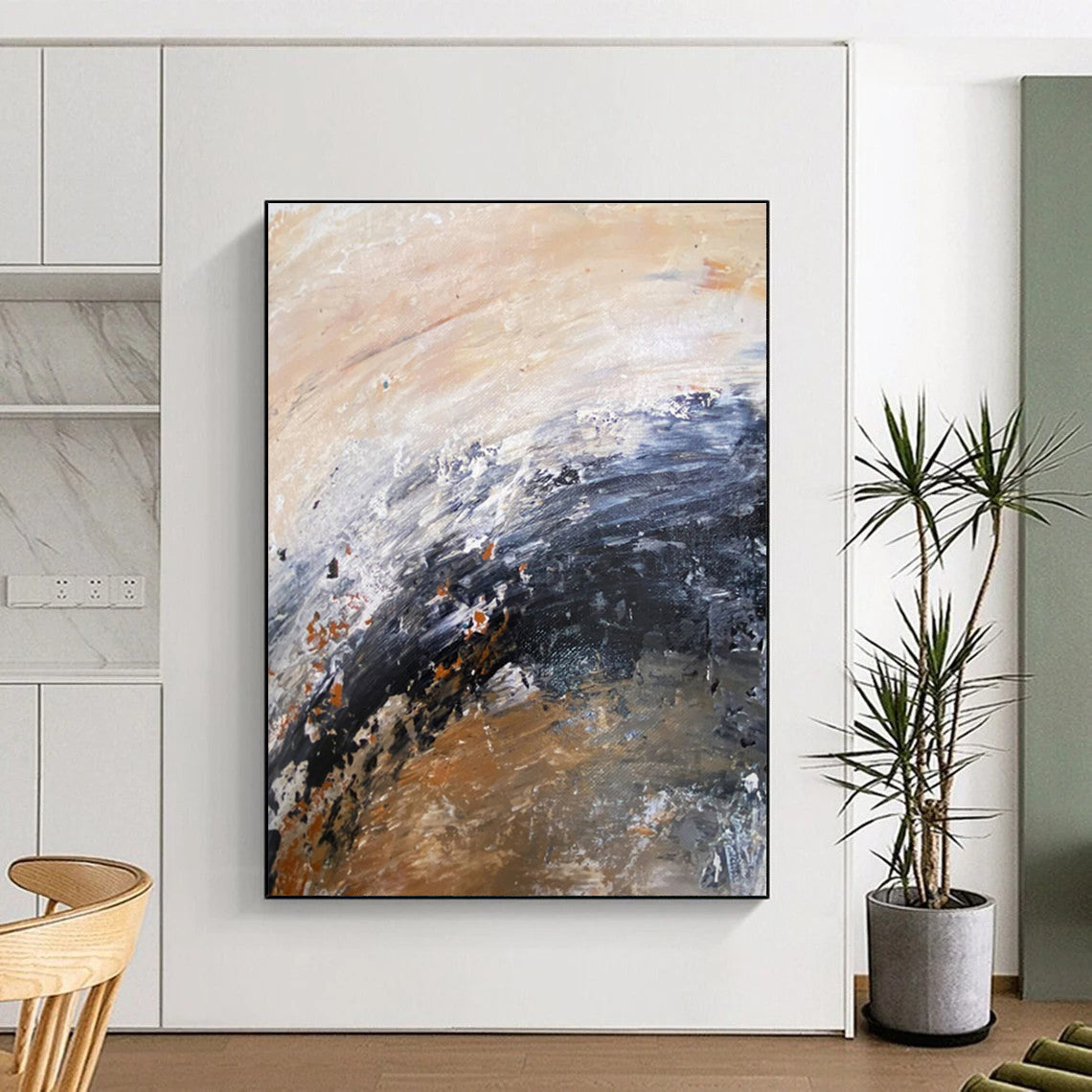 Handmade Art in Black, White, Brown, and Orange Textural Abstract Curves Painting On Canvas PT277