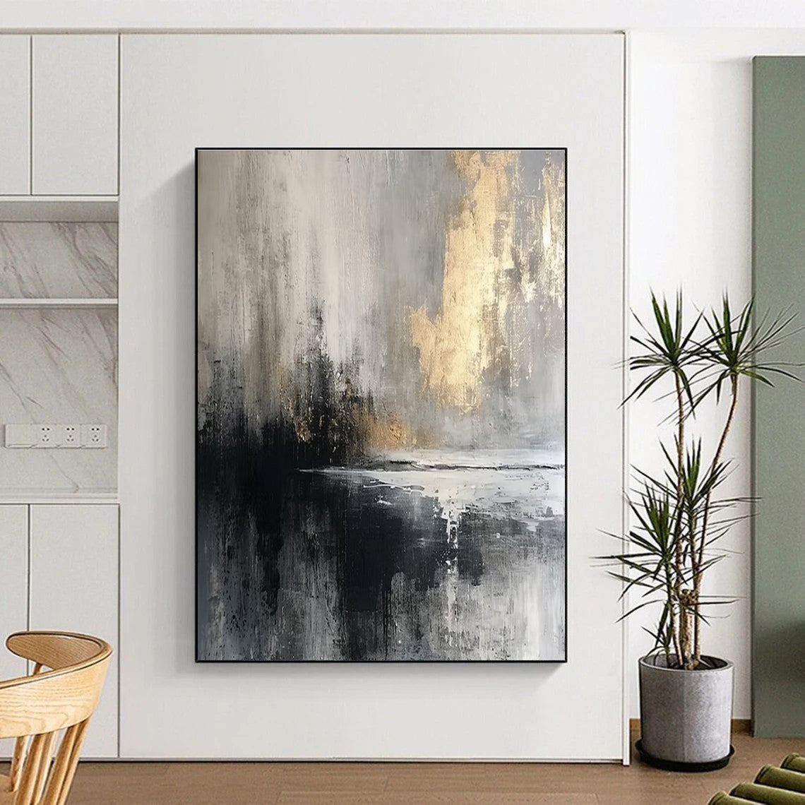 48x60 Black, Gray & Gold Abstract Waterfront, Acrylic Modern Art Paintings DPS490