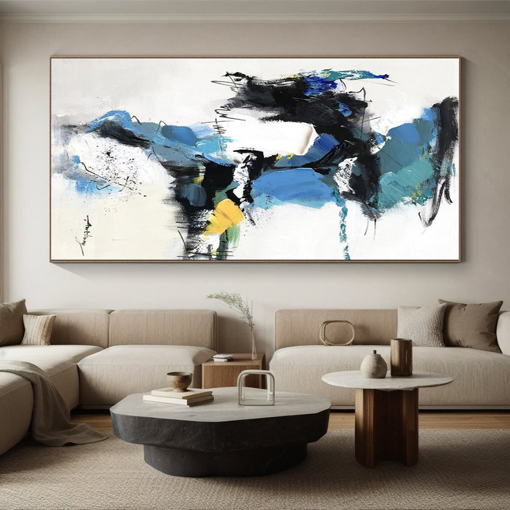 Hand Painting Blue, Black, White, and Yellow Dynamic Abstract Art PT791