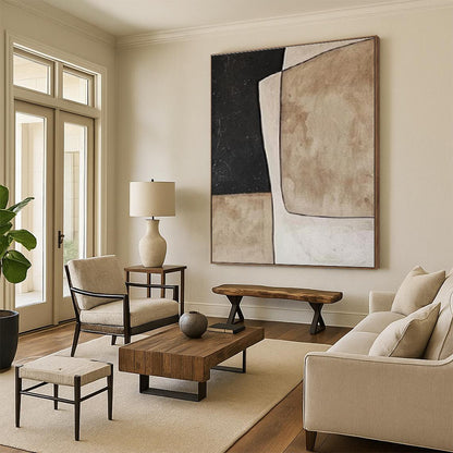 Hand-Painted Black, Beige, and Brown Geometric Abstract Art PT672