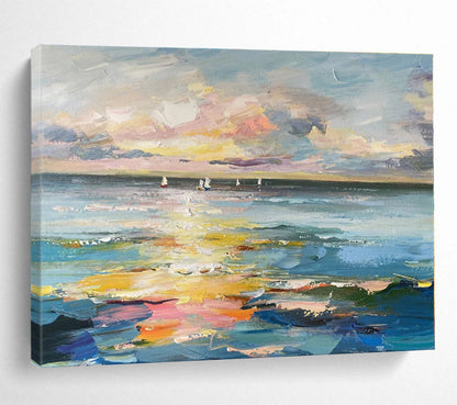 Oversized Abstract Wall Art Colorful Sunset & Sailboats On Sea Abstract On Canvas HPS040