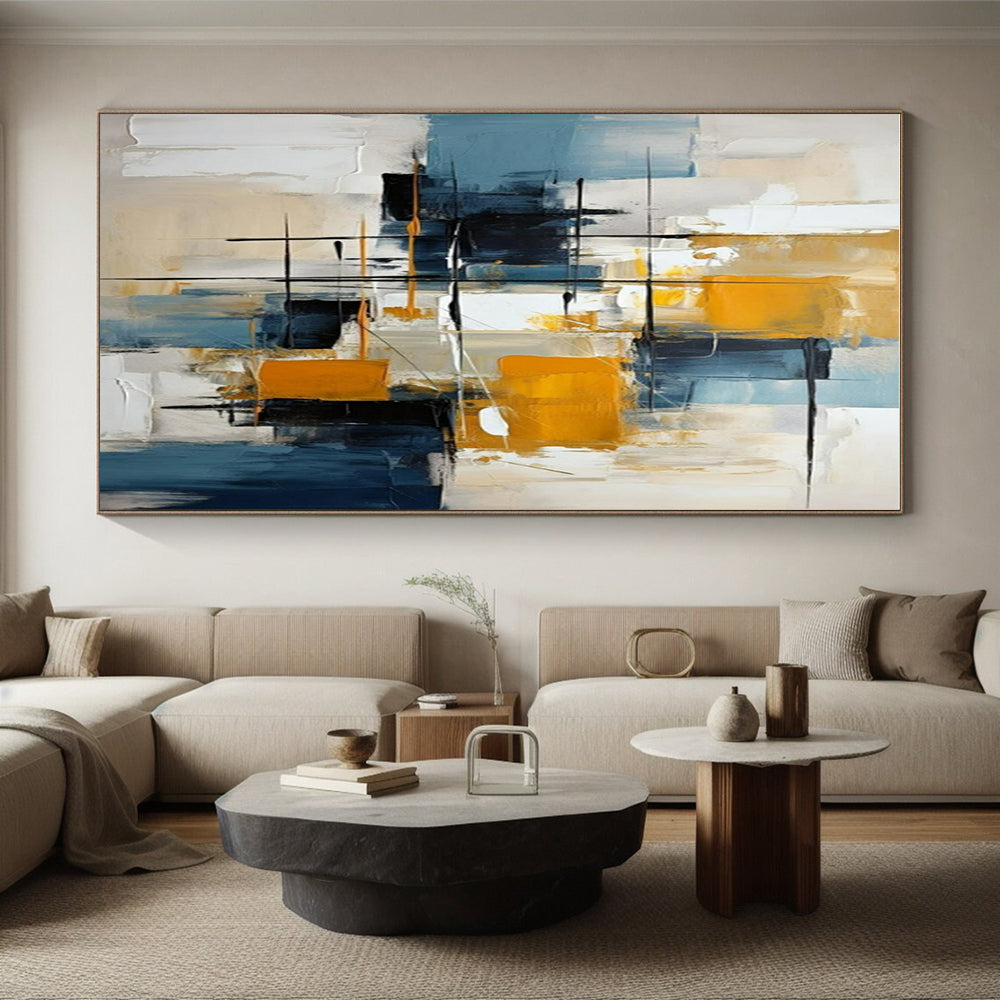 Hand Painting Blue, Yellow, and White Geometric Abstract Art PT782