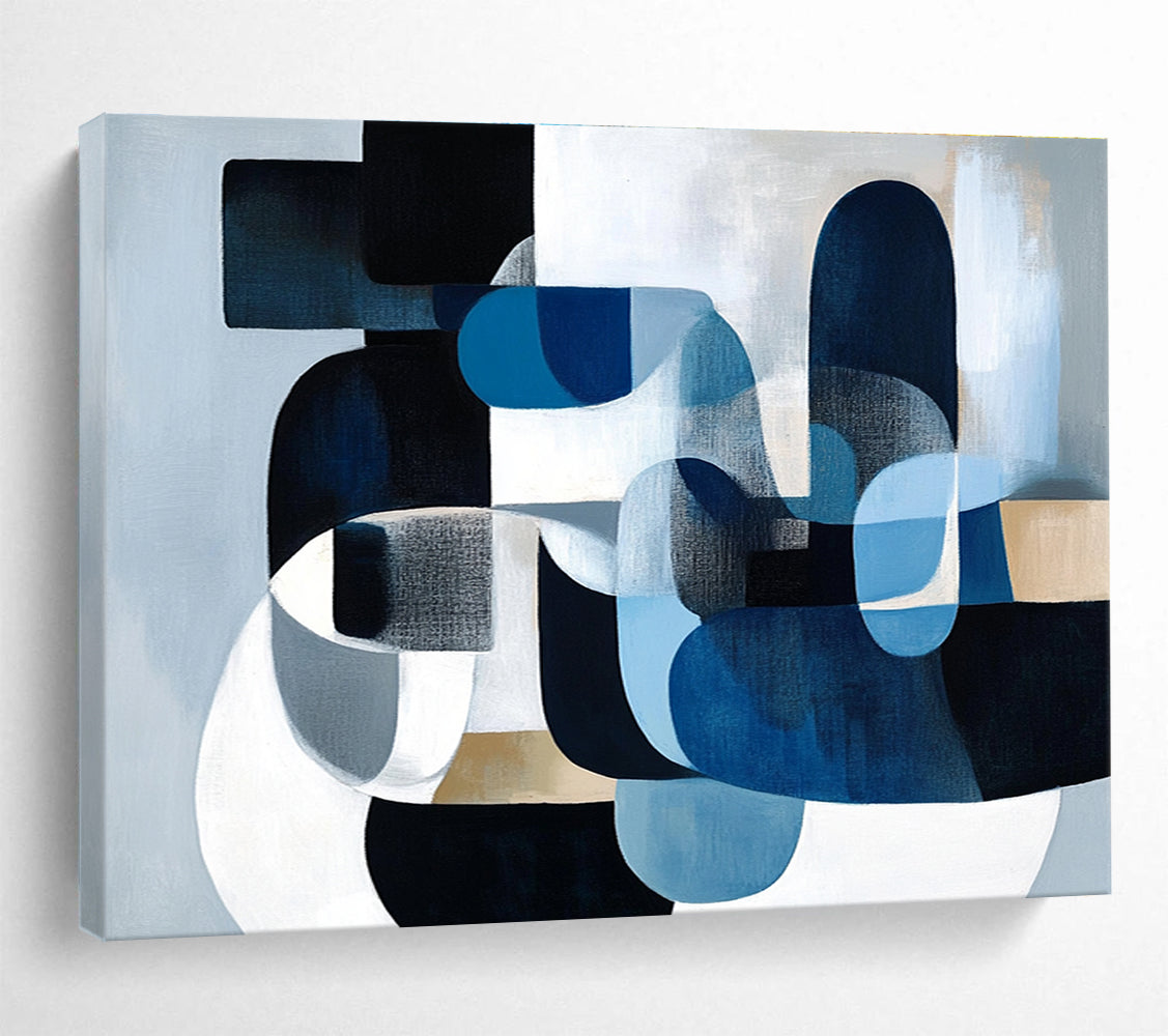 Large Size Blue, Black, White & Beige Geometric Abstract Painting HPS252