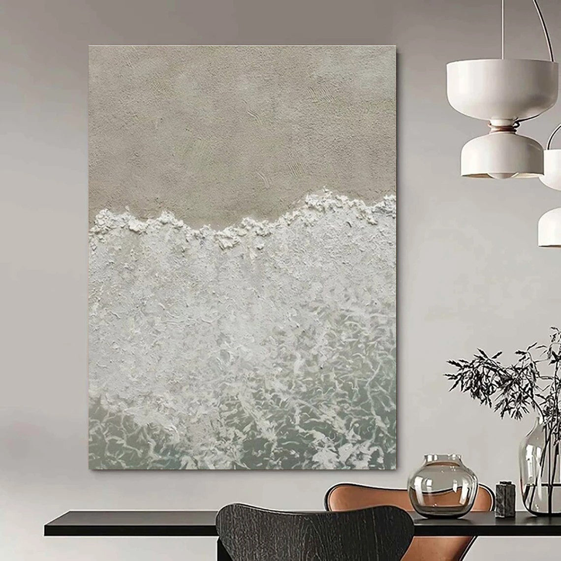 Large Painting In Living Room Gray, White, and Green Textured Abstract Seaside Art DPS480