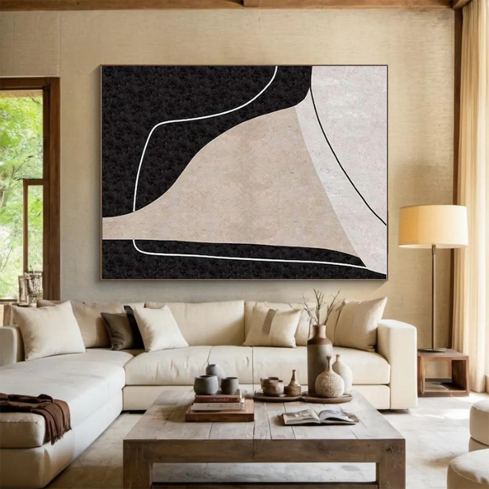 Minimalist Canvas Art Black, Beige, and White Organic Abstract Art PT712