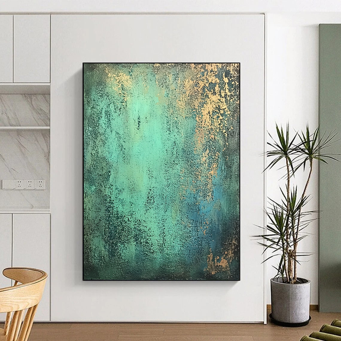 Affordable Large Abstract Wall Art, Teal Gold Abstract Textured Art PT178