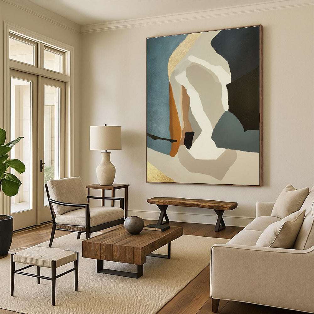 Minimalist Canvas Art in Teal, Beige, Brown, and Gold Geometric Abstract Shapes PT235