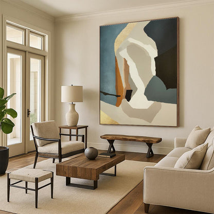 Minimalist Canvas Art in Teal, Beige, Brown, and Gold Geometric Abstract Shapes PT235