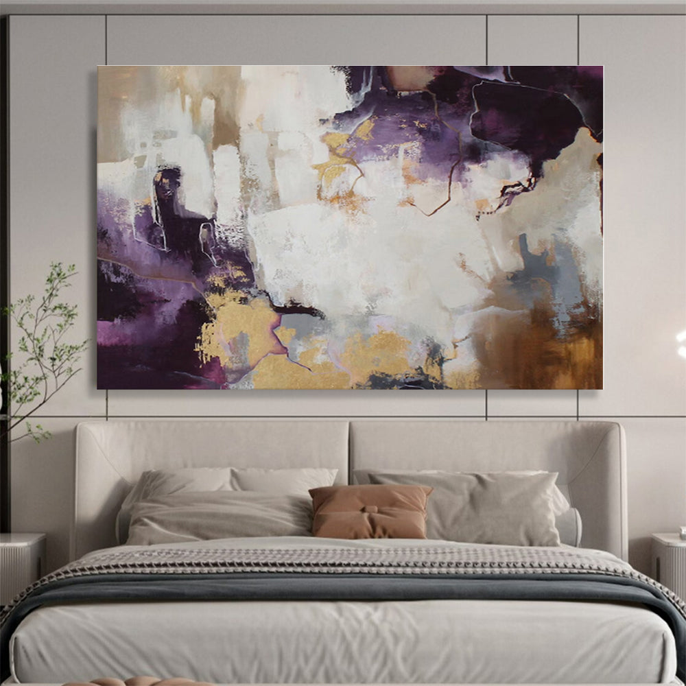 Modern Art Acrylic Purple, Gold & White Abstract On Canvas HPS045