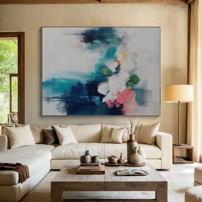 Modern Art Acrylic Blue, White, and Pink Floral Abstract Art PT718