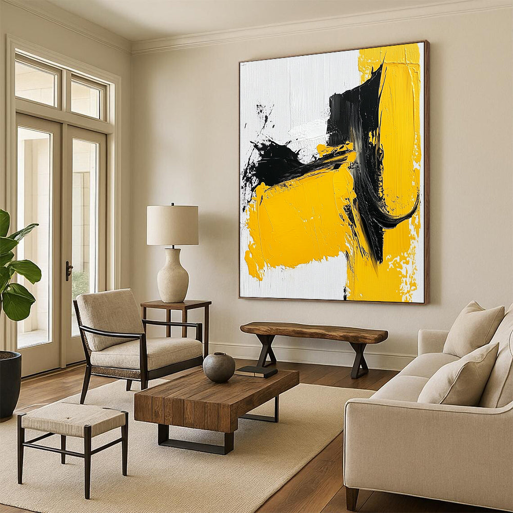 Large Abstract Painting For Living Room, Yellow Black White Abstract Expressionist Art PT140