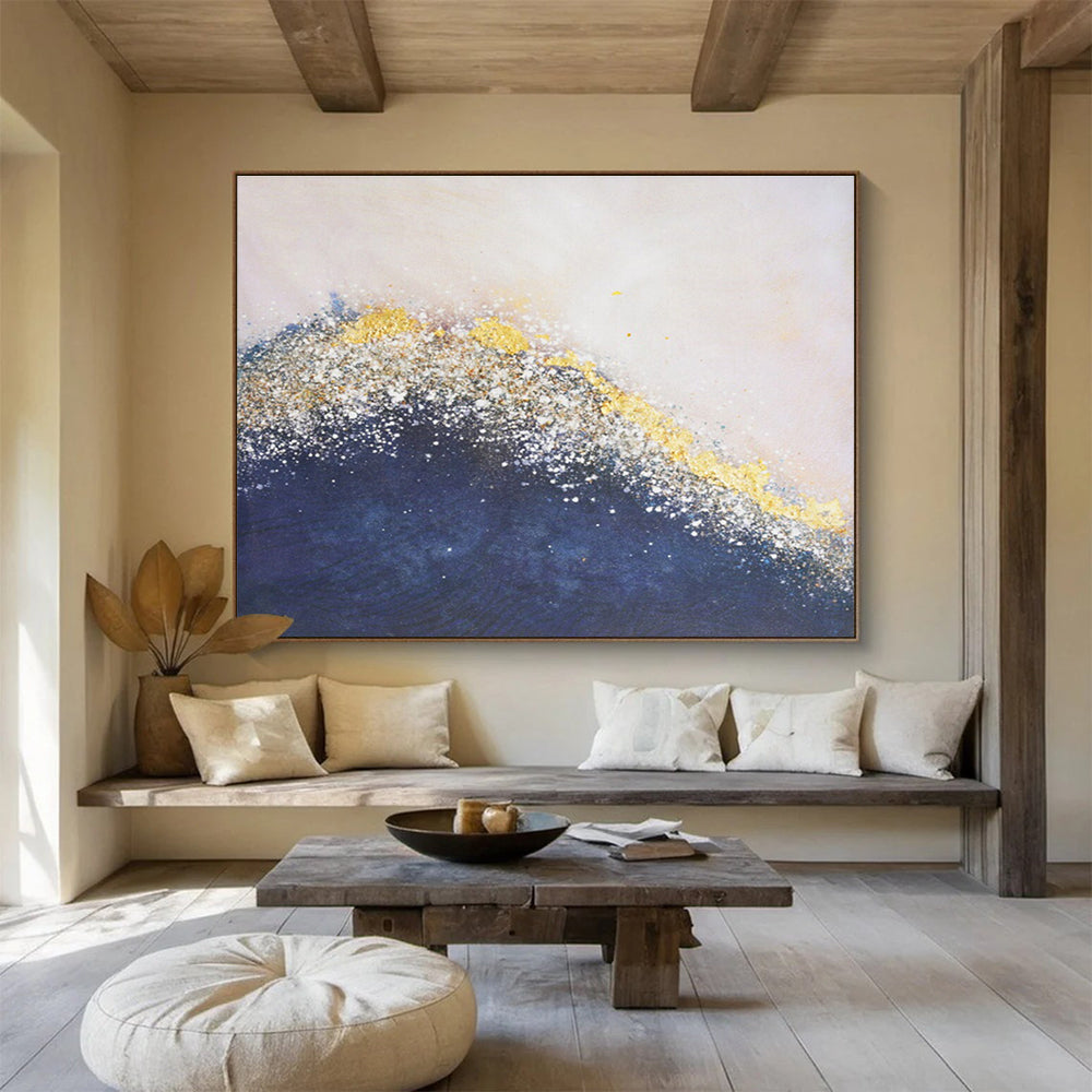 Hand Painted Art Navy Blue, Gold & White Textured Wave Abstract Painting HPS234