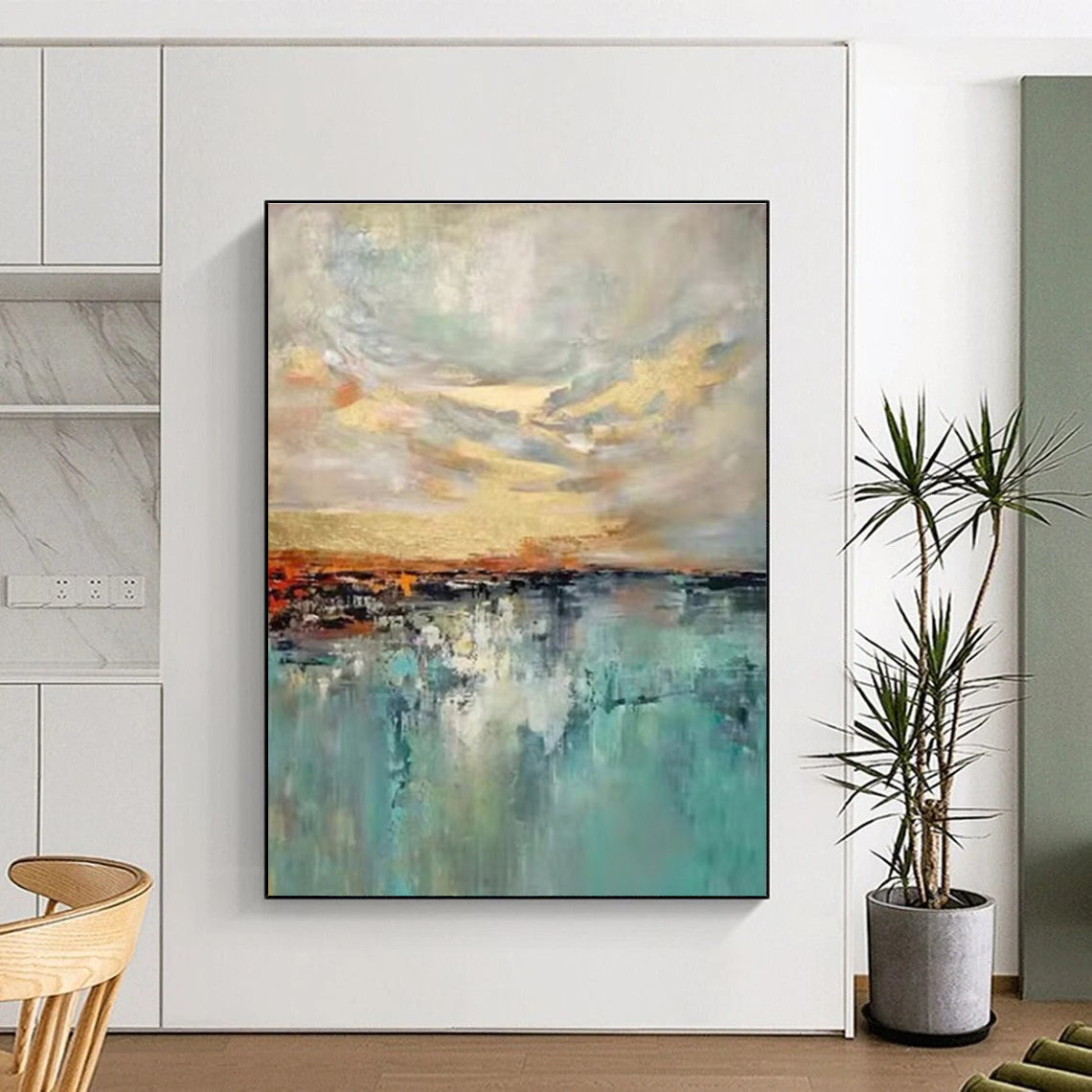 Hand-Painted Teal, Gold, and Gray Abstract Seaside Sunset Art DPS466