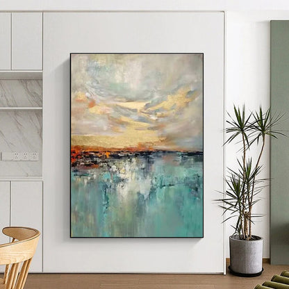 Hand-Painted Teal, Gold, and Gray Abstract Seaside Sunset Art DPS466