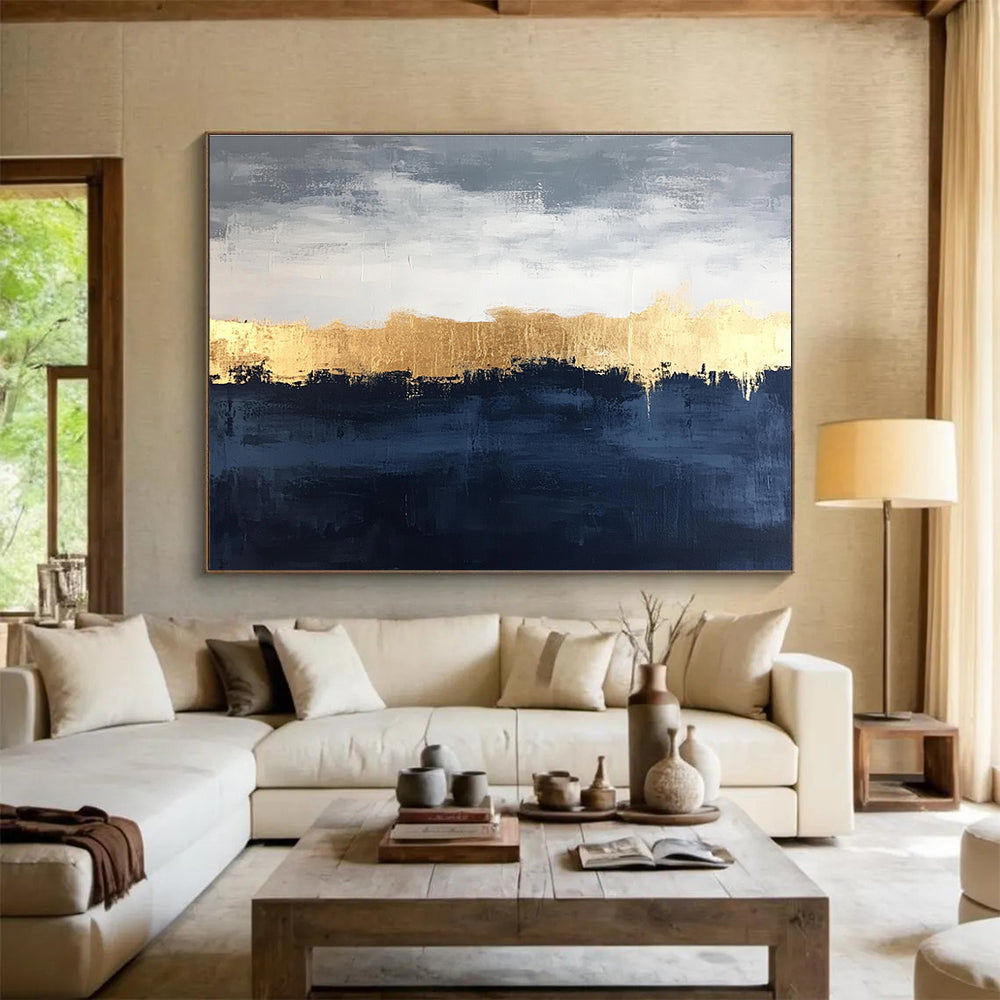 Hand-Painted Gray, Gold & Navy Textured Landscape Abstract Painting HPS261