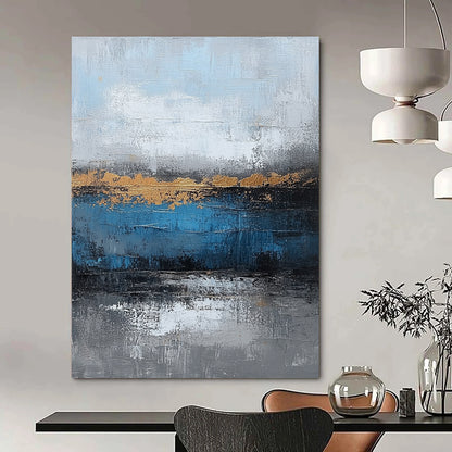 Large Contemporary Wall Art Blue, Gray, and Gold Abstract Landscape Painting DPS429