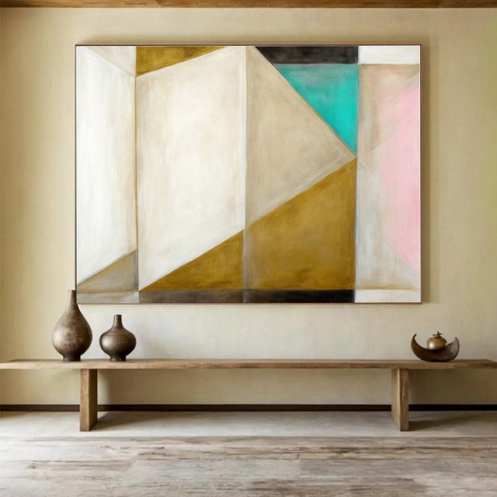 Unique Abstract Art Neutral Tones With Gold, Teal & Pink Geometric Abstract Painting On Canvas HPS072
