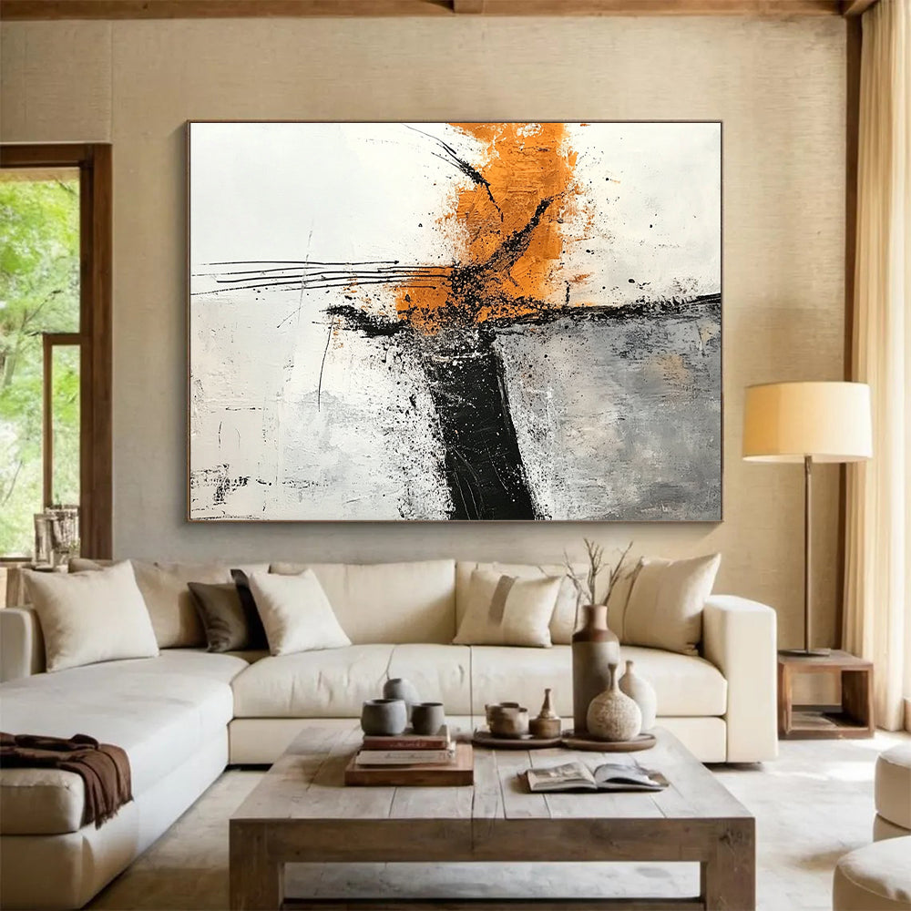 Hand-Painted Orange, Black & Gray Textured Abstract Painting On Canvas PT111