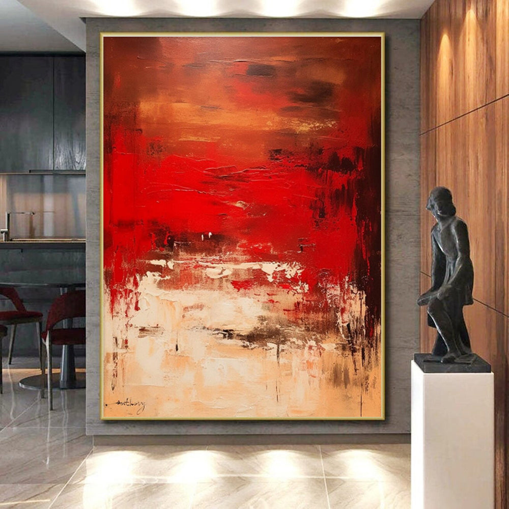 Hand Painted Art Red Beige Abstract Textured Landscape Acrylic Painting PT461