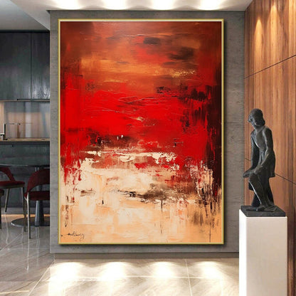 Hand Painted Art Red Beige Abstract Textured Landscape Acrylic Painting PT461
