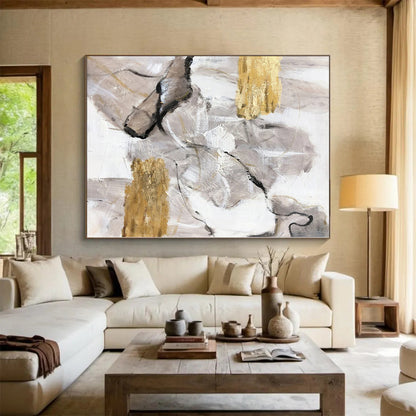 Acrylic Modern Art Paintings Gray, White & Gold Textured Abstract Painting On Canvas PT057