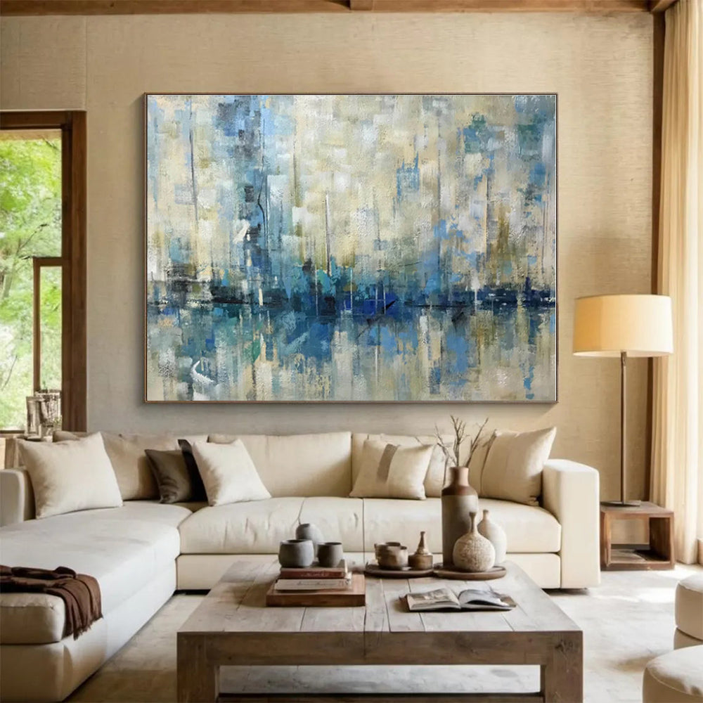 Handmade Art Blue & Beige Coastal Abstract On Canvas HPS057