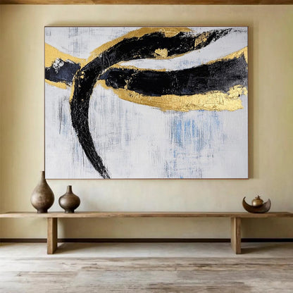 Unique Abstract Art Black, Gold & White Textured Linear Abstract Painting HPS240