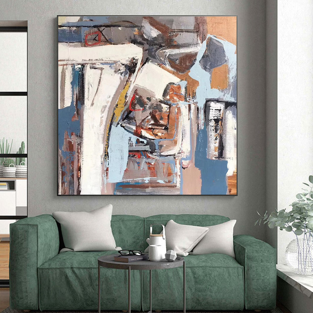 Unique Abstract Art with Blue, Gray, White, and Brown Geometric Abstract Shapes, Large Contemporary Wall Art PT215