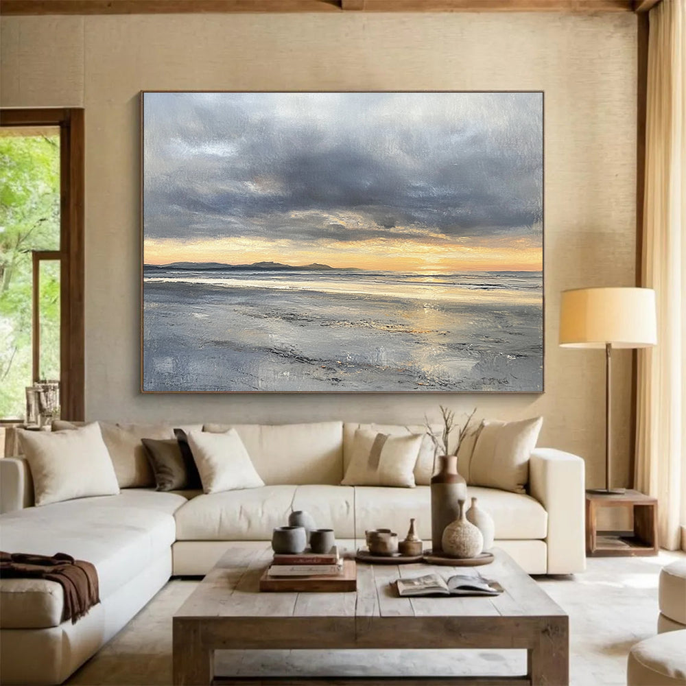 Cool Abstract Paintings Gray, Orange, and Yellow Dramatic Seaside Sunset HPS318
