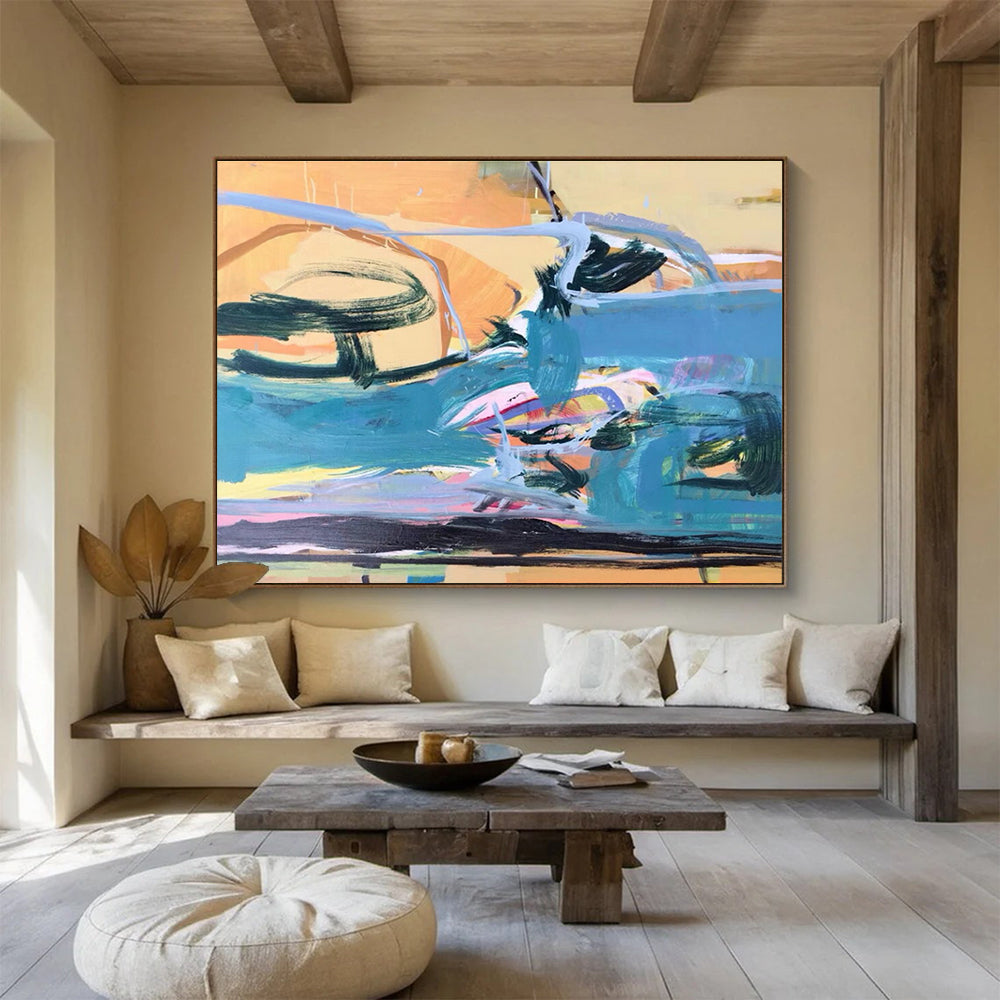 Large Painting In Living Room Teal, Orange & Pink Abstract Fluid Art HPS167