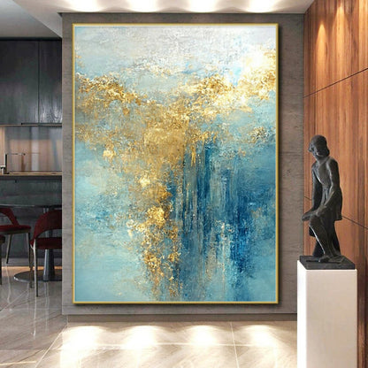 Large Size Blue and Gold Abstract Art with Flowing Textures PT227