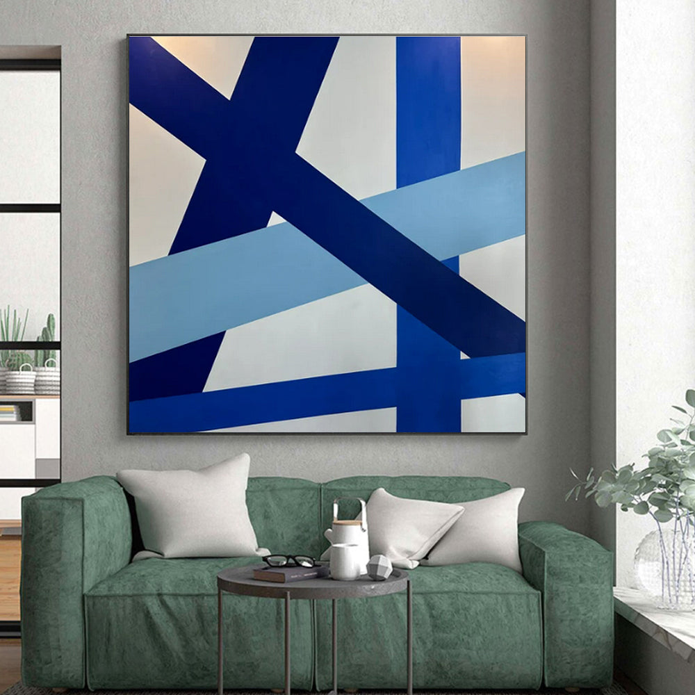 Large Size Blue and White Geometric Abstract Acrylic Painting PT642