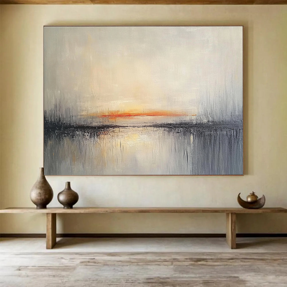 Minimalist Canvas Art Gray, Orange & White Textured Landscape Abstract Painting HPS272
