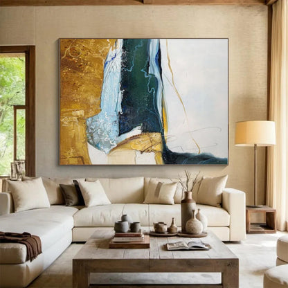 Hand Painting Blue, Green, and Gold Textured Landscape Abstract Art PT811