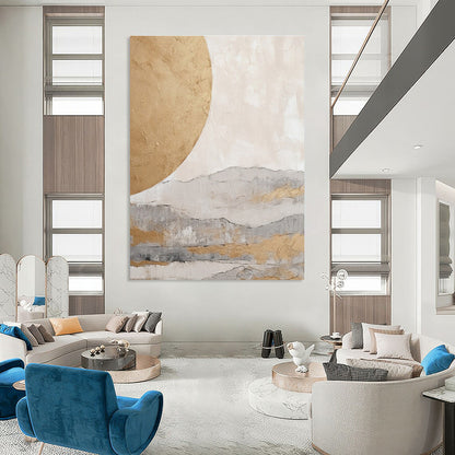 Hand-Painted Beige & Gray Abstract Landscape with Golden Circle, Acrylic Modern Art Painting DPS486